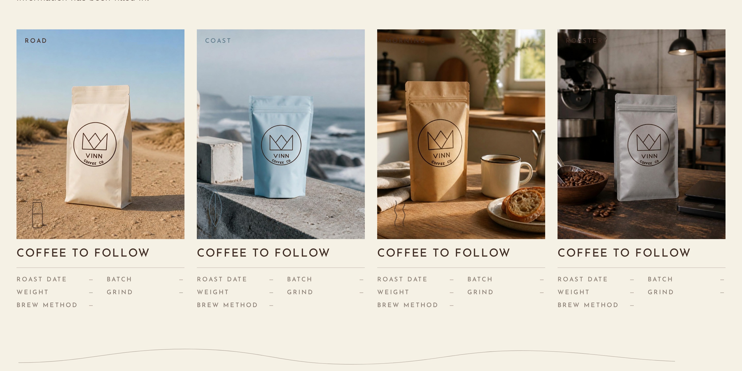 VINN coffee range page with branded packs for Road, Coast, Morning and Roastery