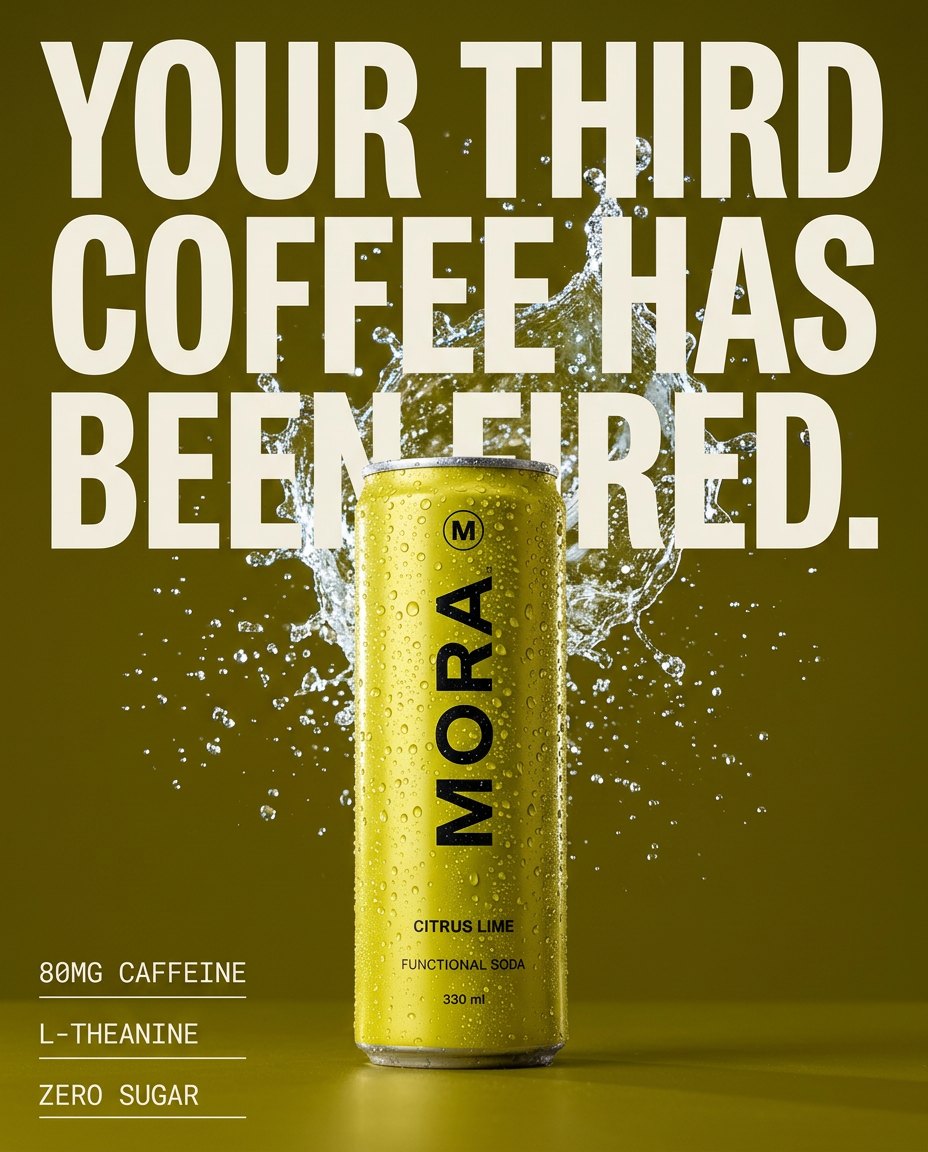 Mora energy drink paid social static: Your third coffee has been fired