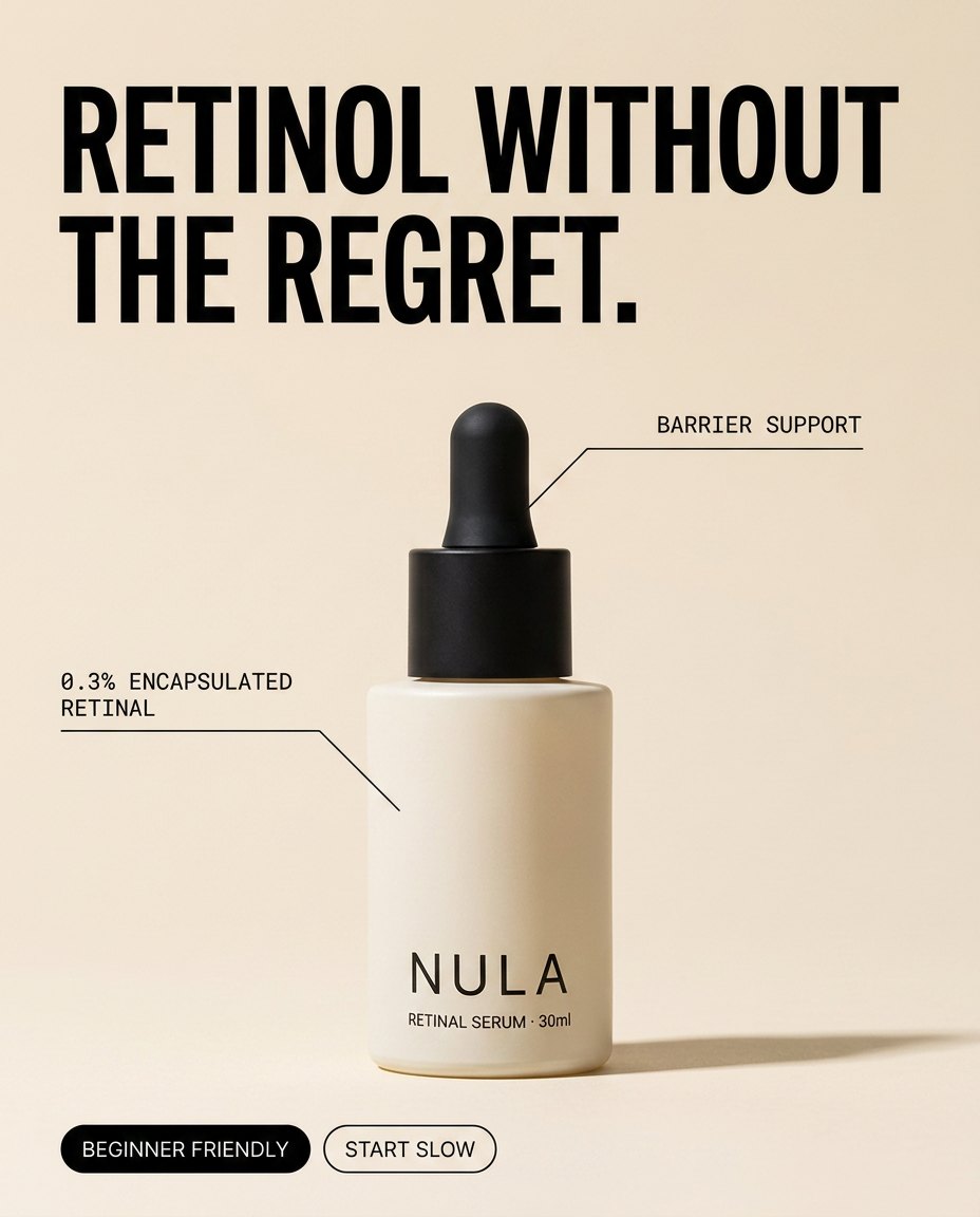 Nula Skin retinol serum paid social static: Retinol without the regret