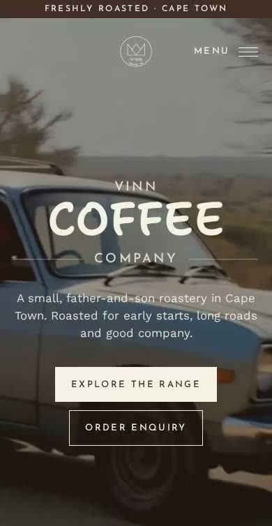 VINN Coffee Co. homepage on mobile, in motion