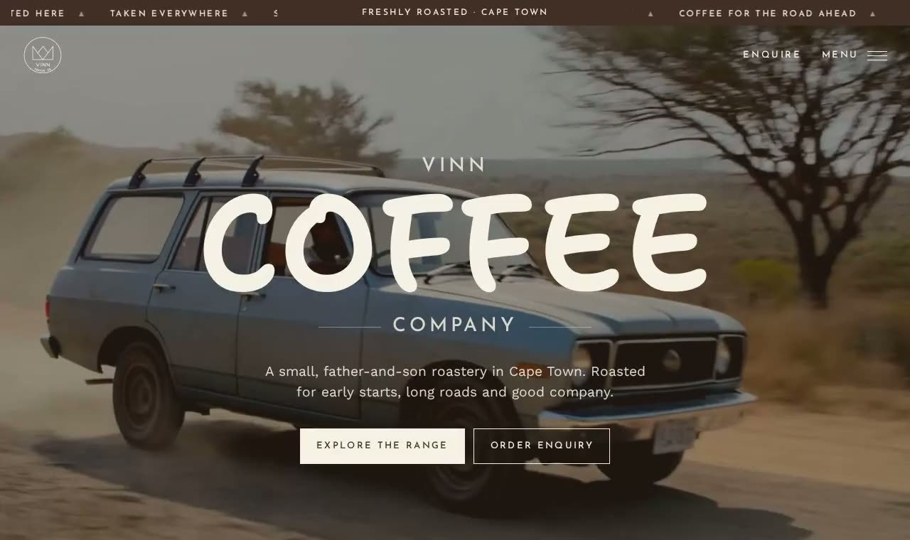 The VINN Coffee Co. homepage with its background film playing